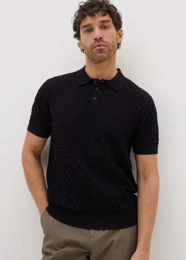 15496034-4975225092243881 Black Textured Pointelle Polo Shirt